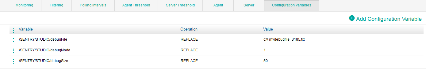 Debug configuration variables for Monitoring Studio v9.0.00