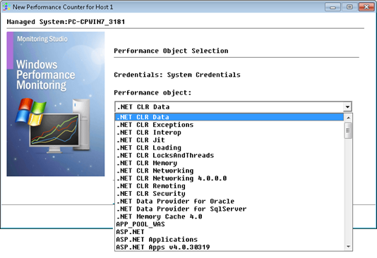 Monitoring Studio KM for PATROL - Performance counter - performance object selection