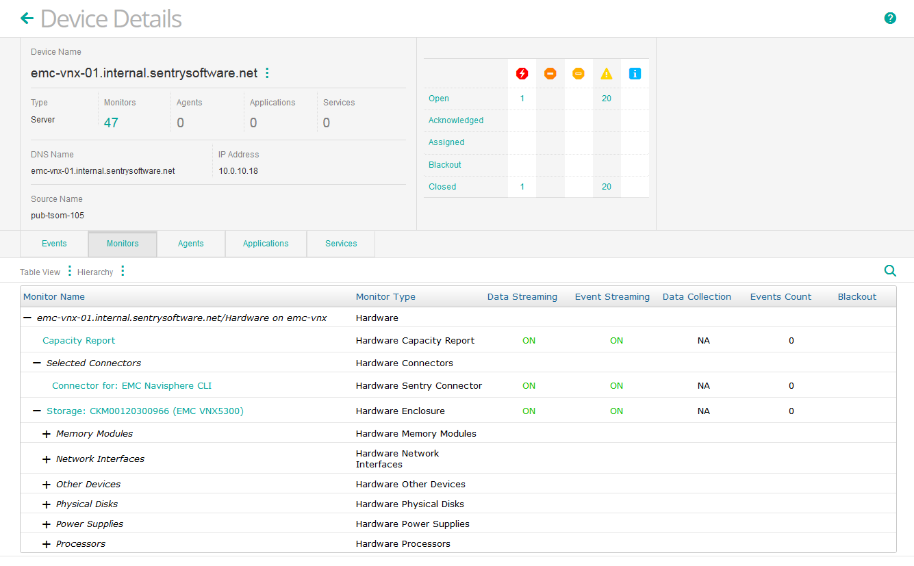 Monitoring a VNX disk array in TrueSight using Hardware Sentry