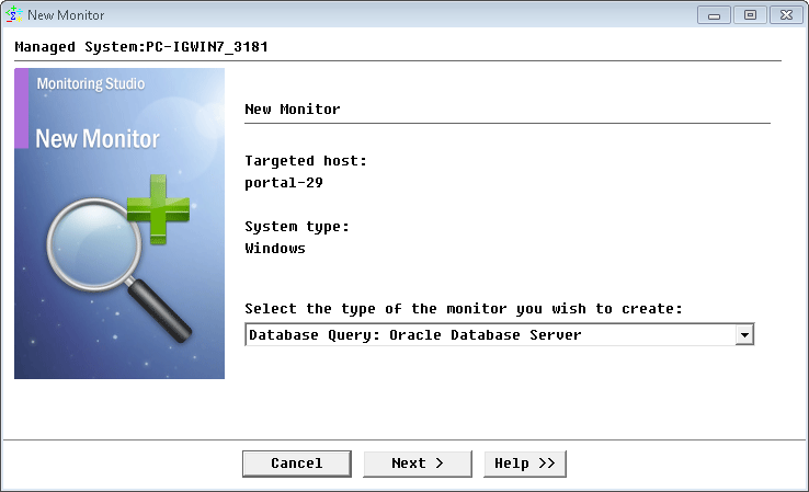 Selecting the &ldquo;Database Query: Oracle Database Server&rdquo; Monitor