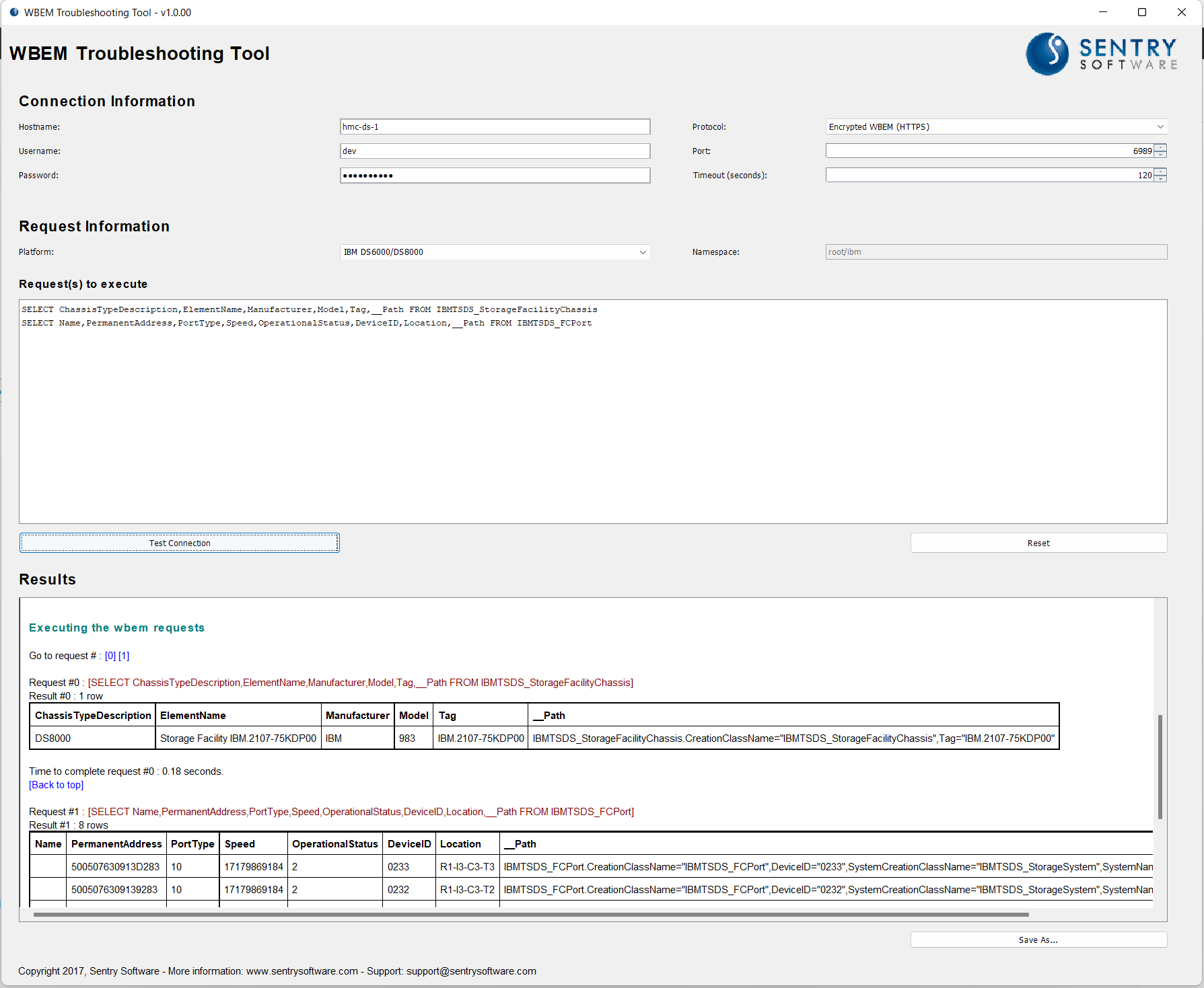 Testing the connection to the DS Open API with the Sentry Software&rsquo;s troubleshooting tool