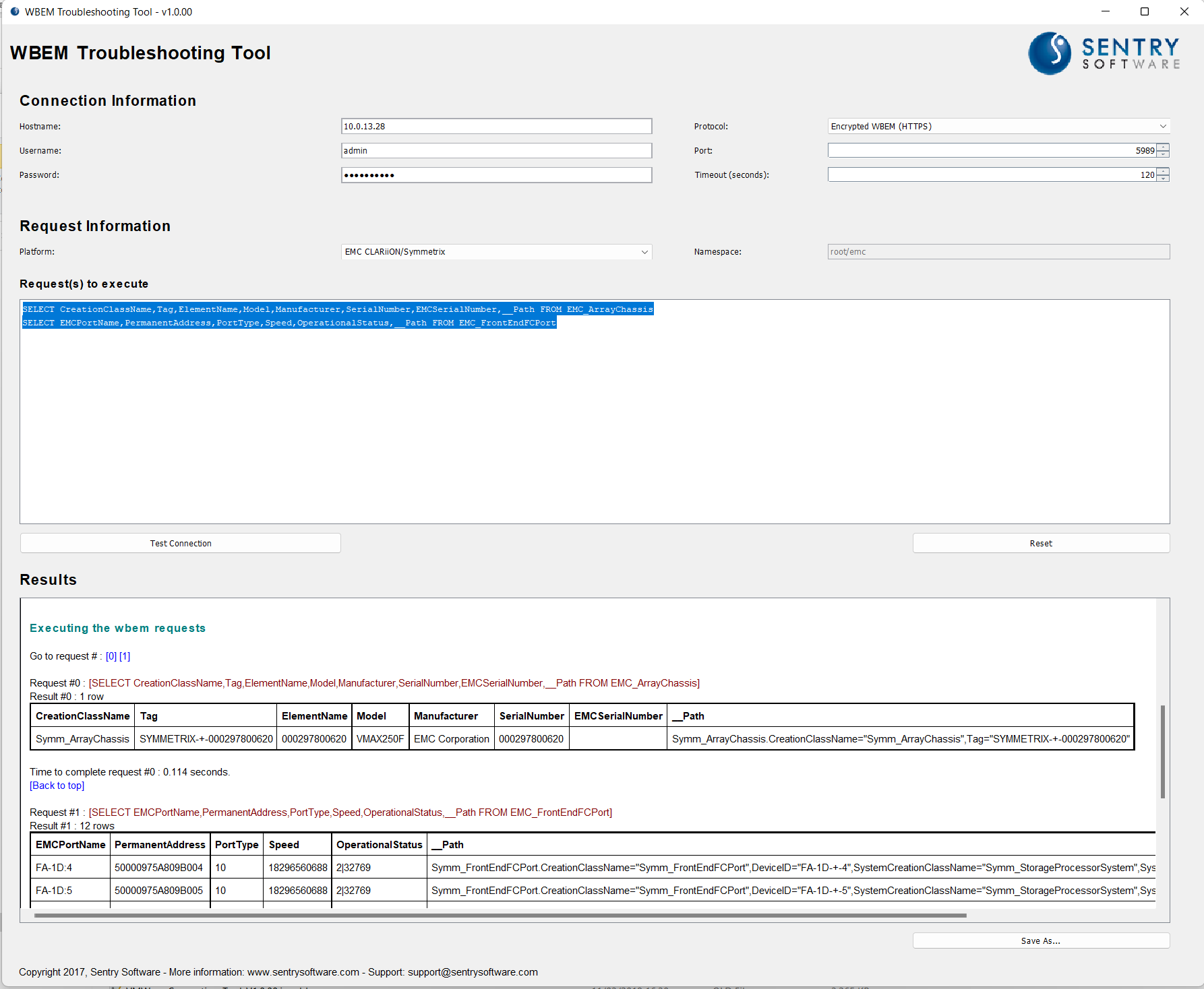 Testing the connection to the EMC SMI-S Agent with Sentry Software&rsquo;s troubleshooting tool