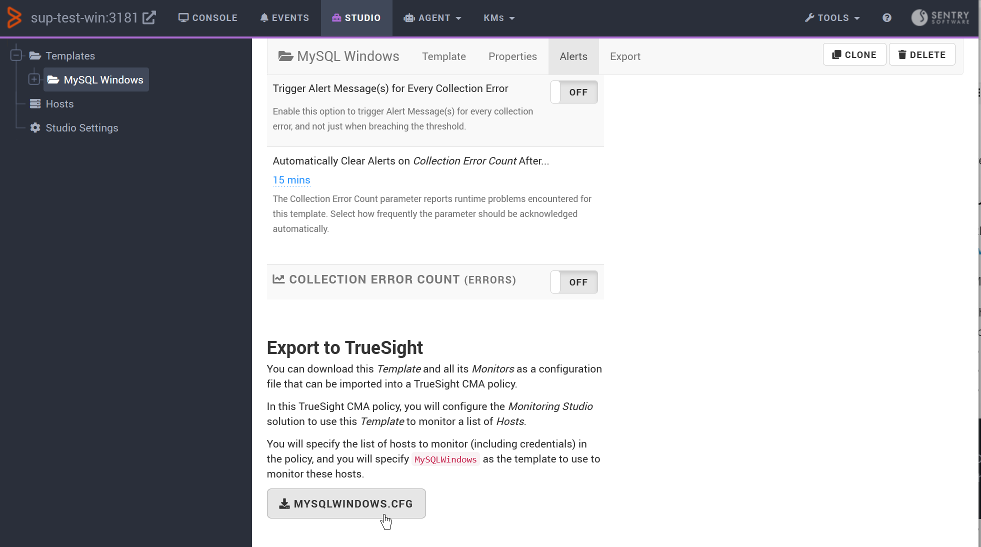 Exporting a monitoring template from the Monitoring Studio X Console