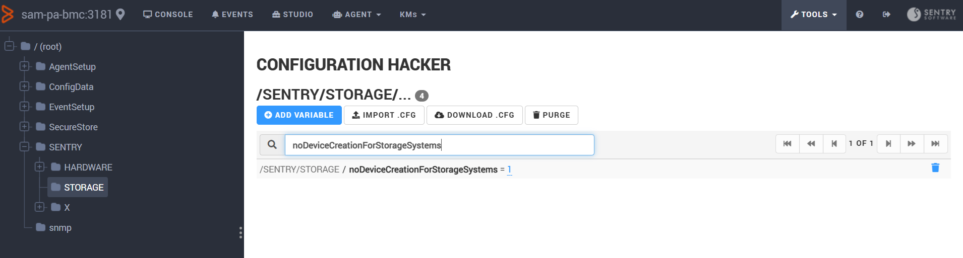 Verifying the value of the noDeviceCreationForStorageSystems variable
