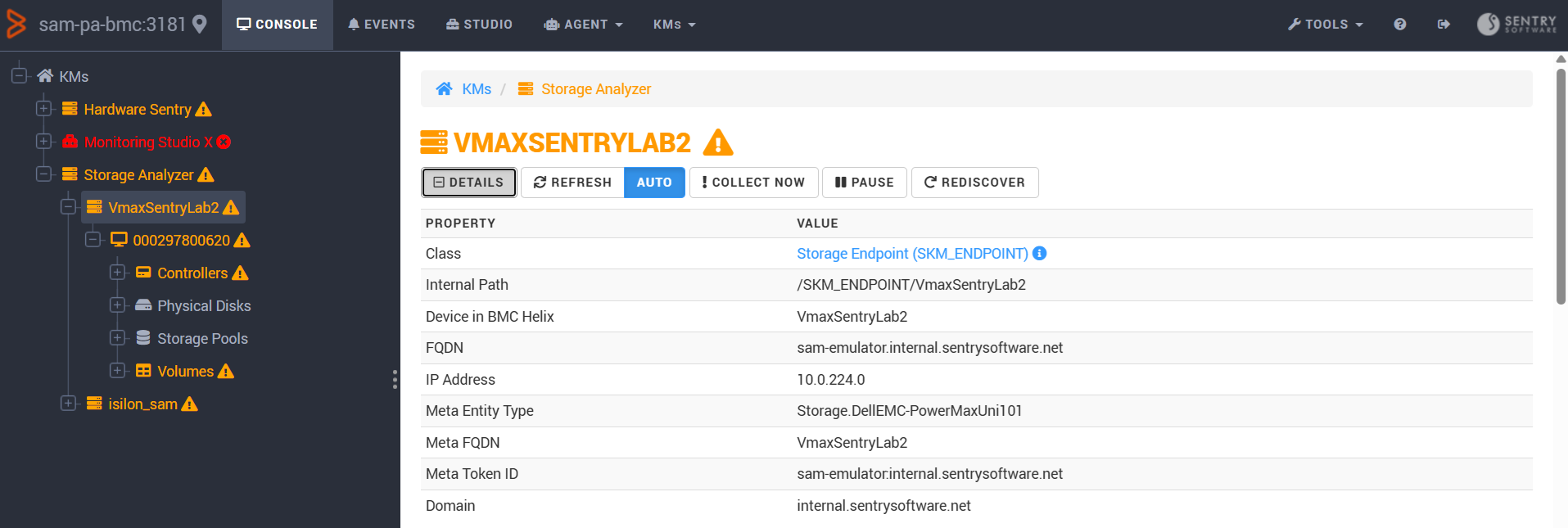 Displaying the endpoint details in Monitoring Studio X